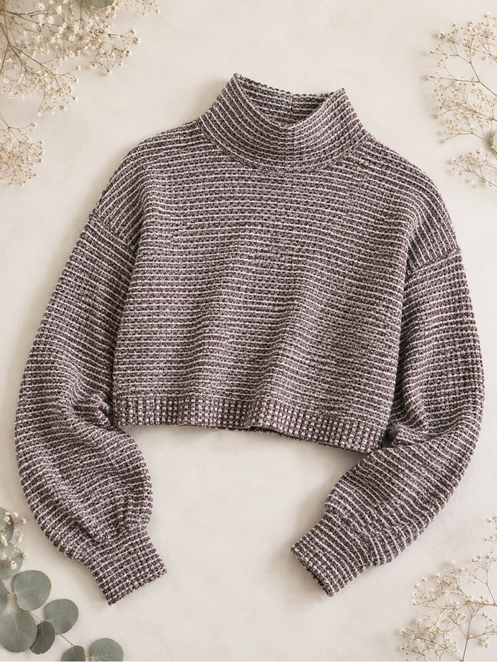Free People Cropped Red Wine and Gray Turtleneck Sweater